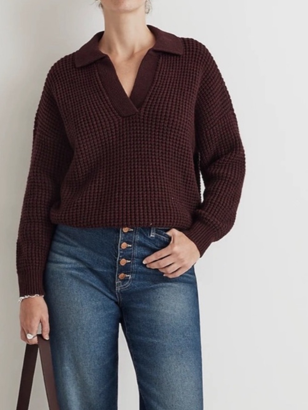 Madewell Waffle Knit Henley Pullover Cotton/Merino Wool Blend Sweater in Merlot